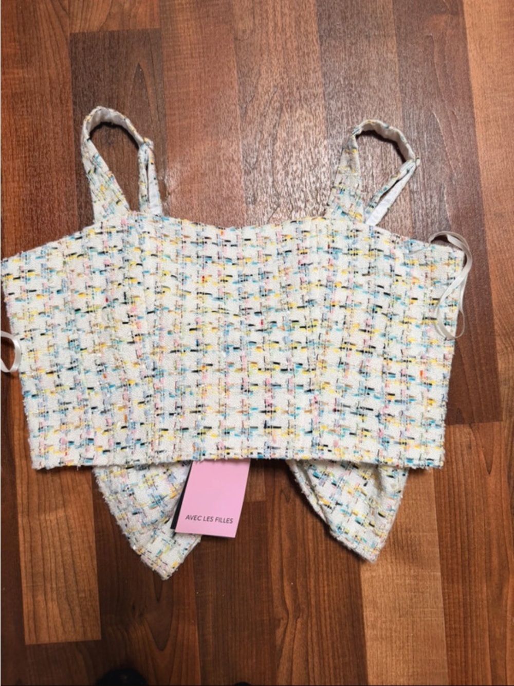 NWT Avec Les Filles Tweed Bow Back Crop Top - XL - Picture 11 of 13
